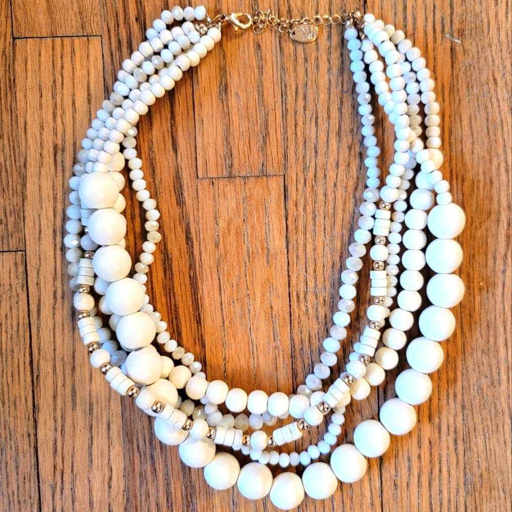 Beaded off-white faux pearl & gold beads 5 strand necklace